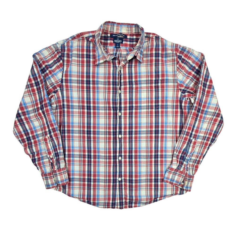 Old Navy Mens XL Slim Fit Plaid Button Down Shirt Red White Blue Long Sleeve